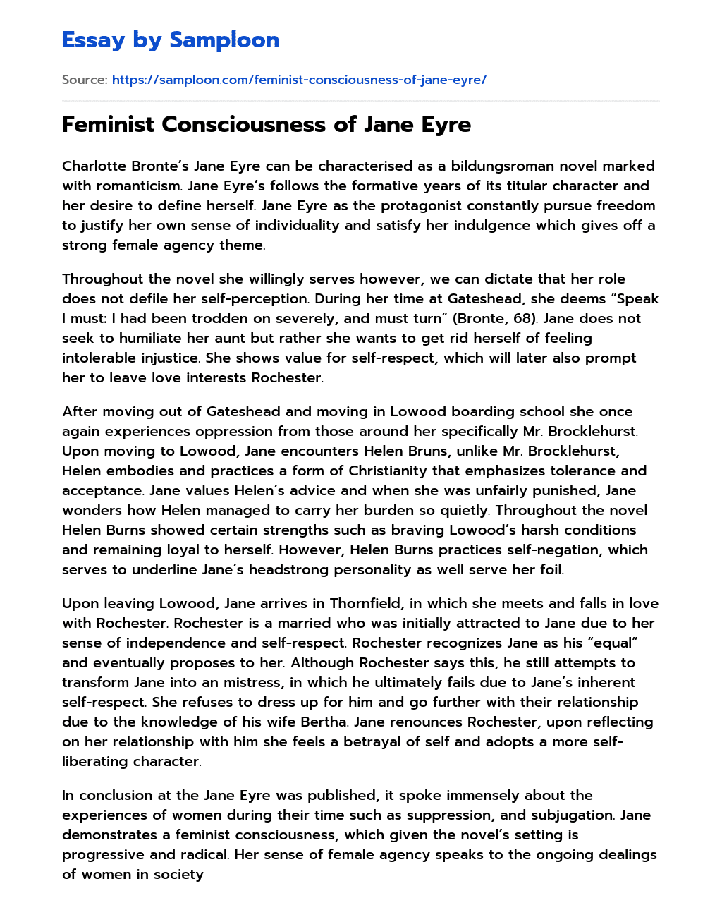 Feminist Consciousness of Jane Eyre essay