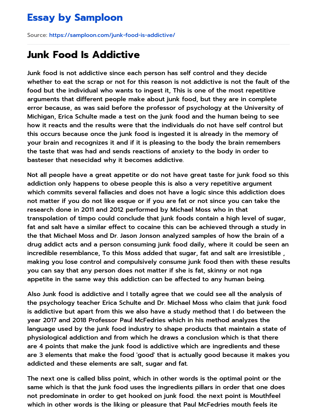 Junk Food Is Addictive Summary essay