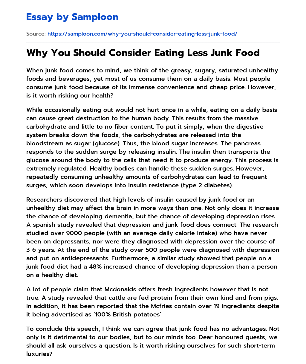 Why You Should Consider Eating Less Junk Food essay