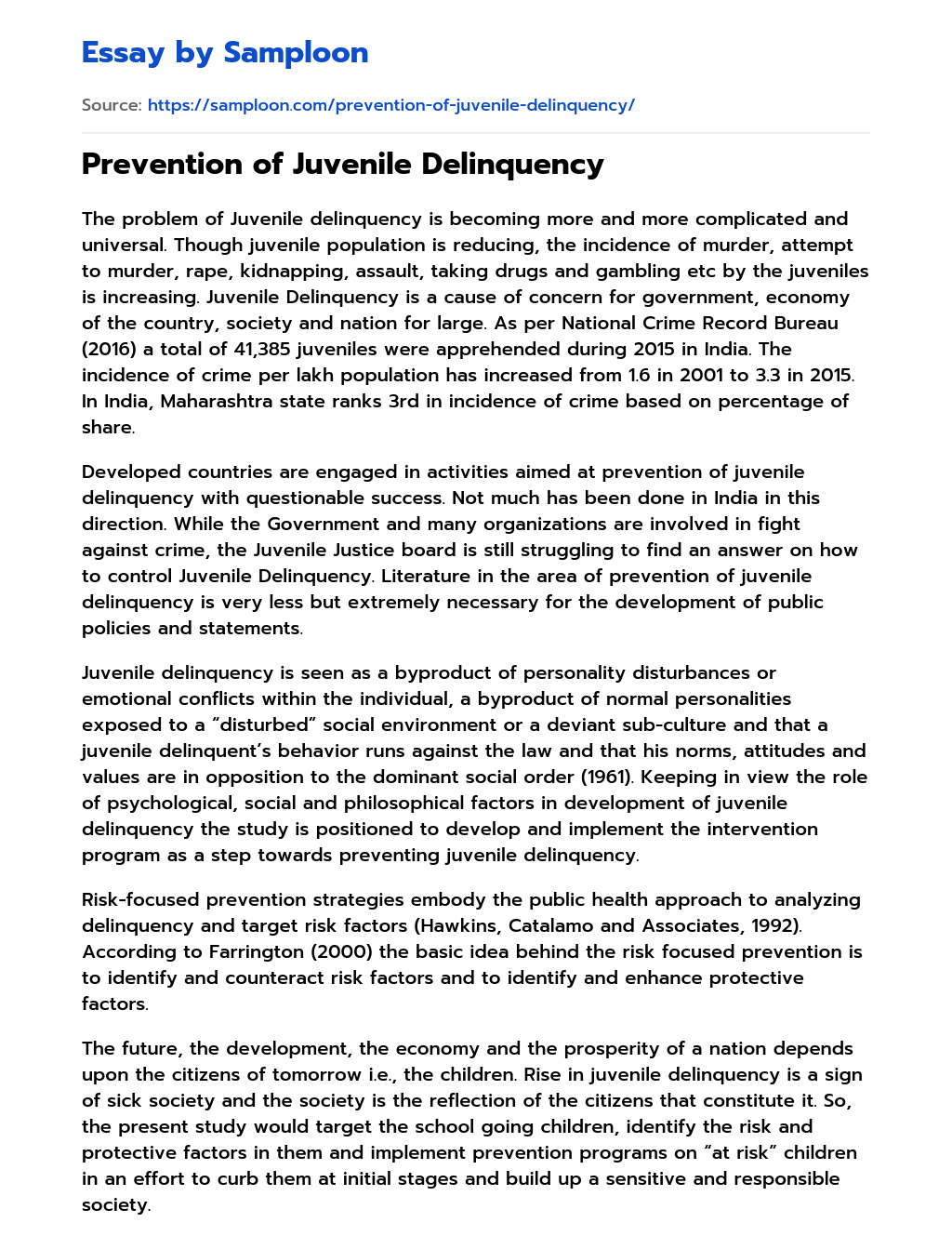Prevention of Juvenile Delinquency essay