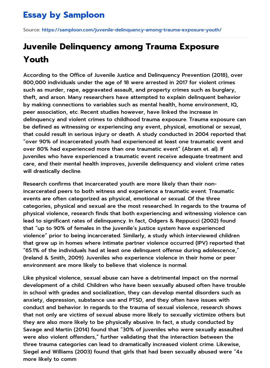 Juvenile Delinquency among Trauma Exposure Youth essay