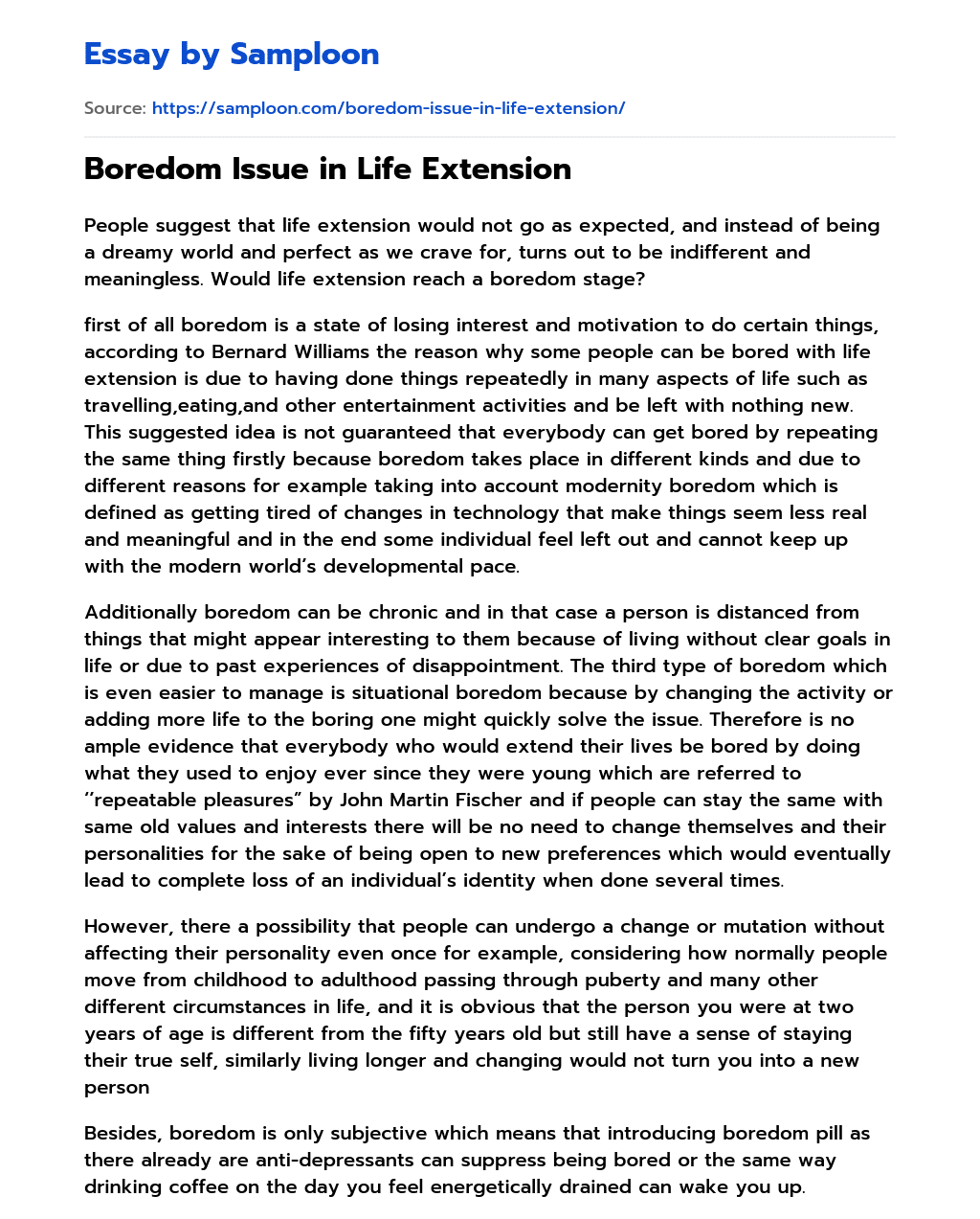 Boredom Issue in Life Extension essay