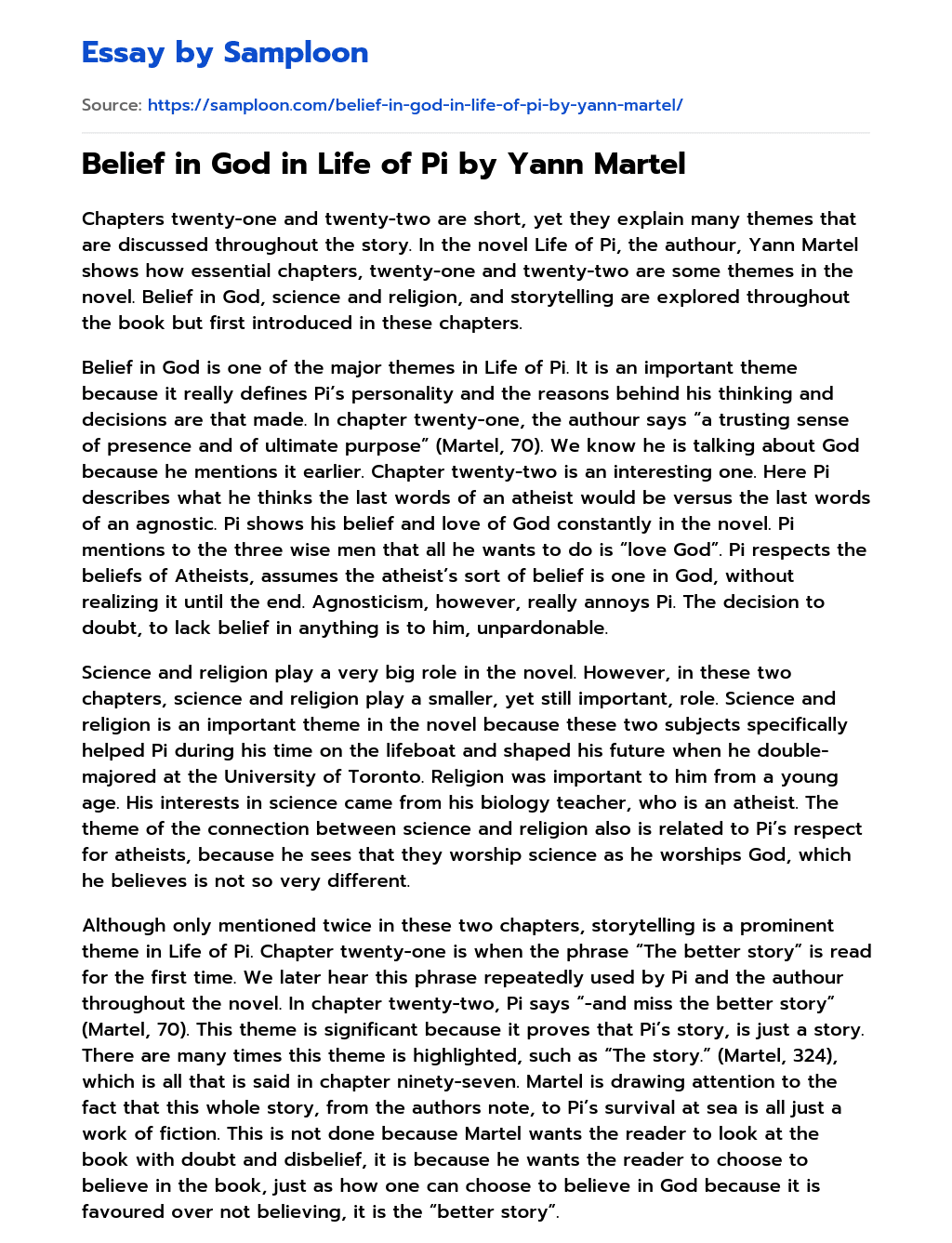 Belief in God in Life of Pi by Yann Martel essay