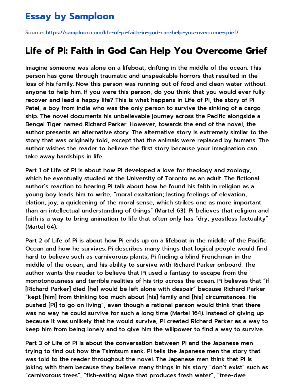 Life of Pi: Faith in God Can Help You Overcome Grief Book Review essay