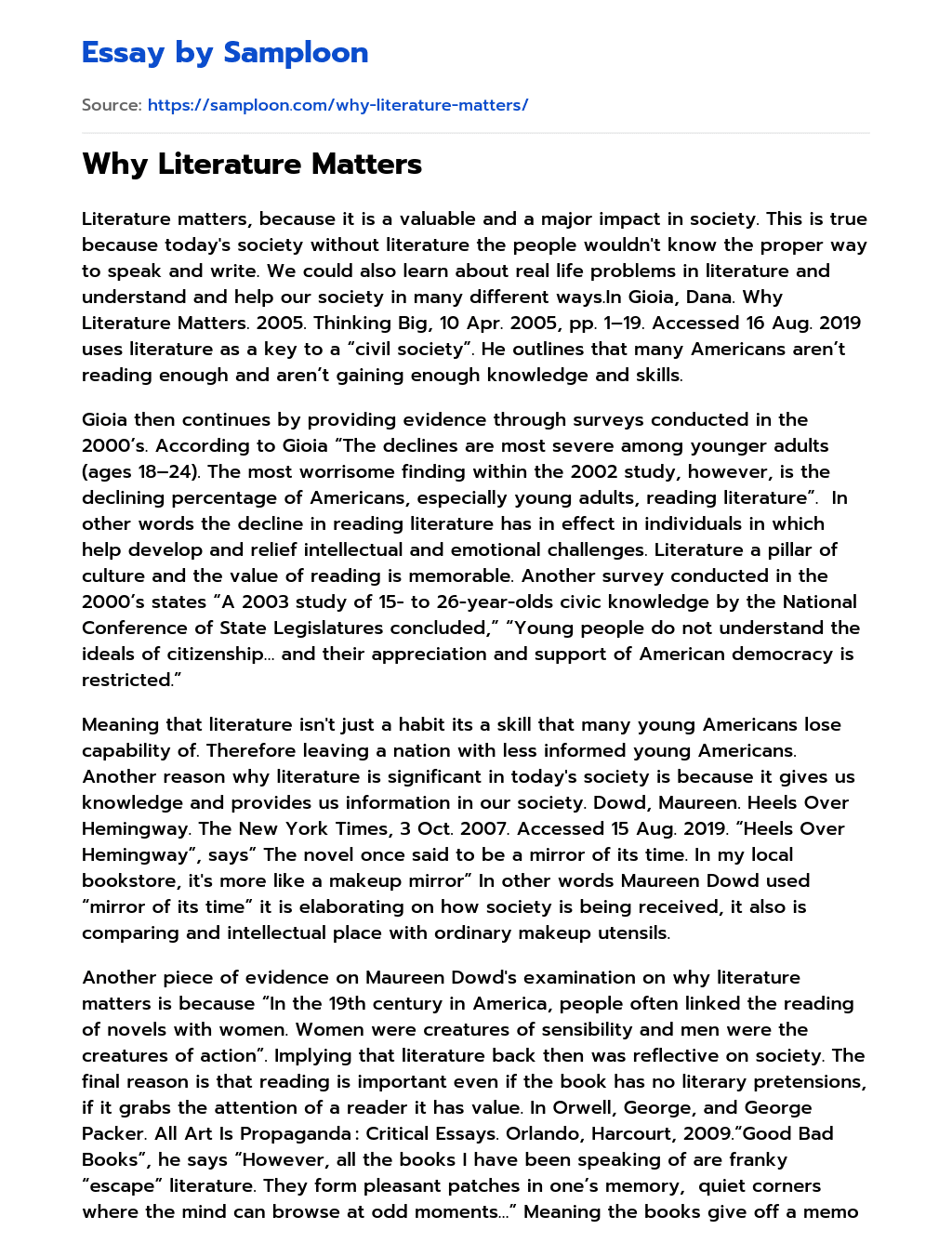 Why Literature Matters Summary essay