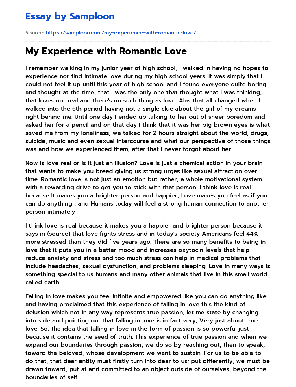My Experience with Romantic Love essay