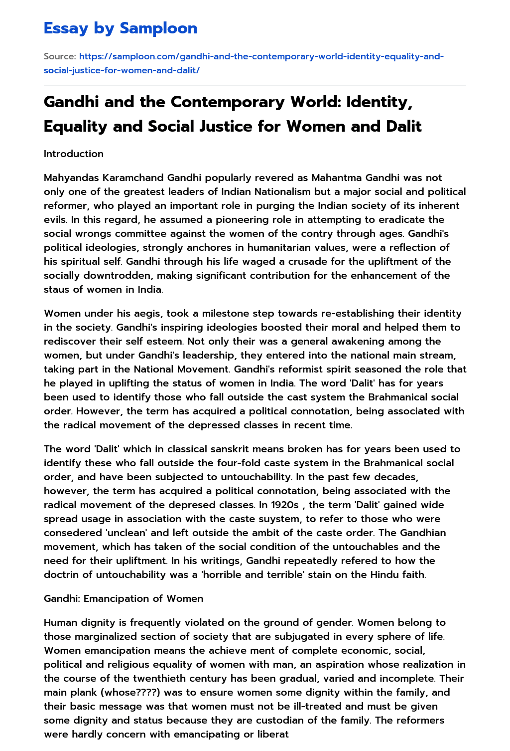 Gandhi and the Contemporary World: Identity, Equality and Social Justice for Women and Dalit essay