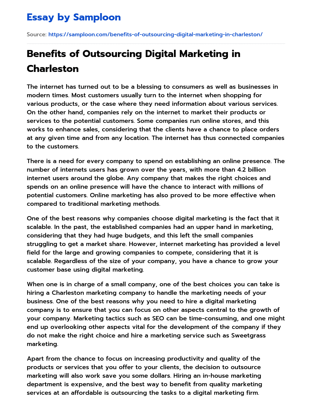 Benefits of Outsourcing Digital Marketing in Charleston essay