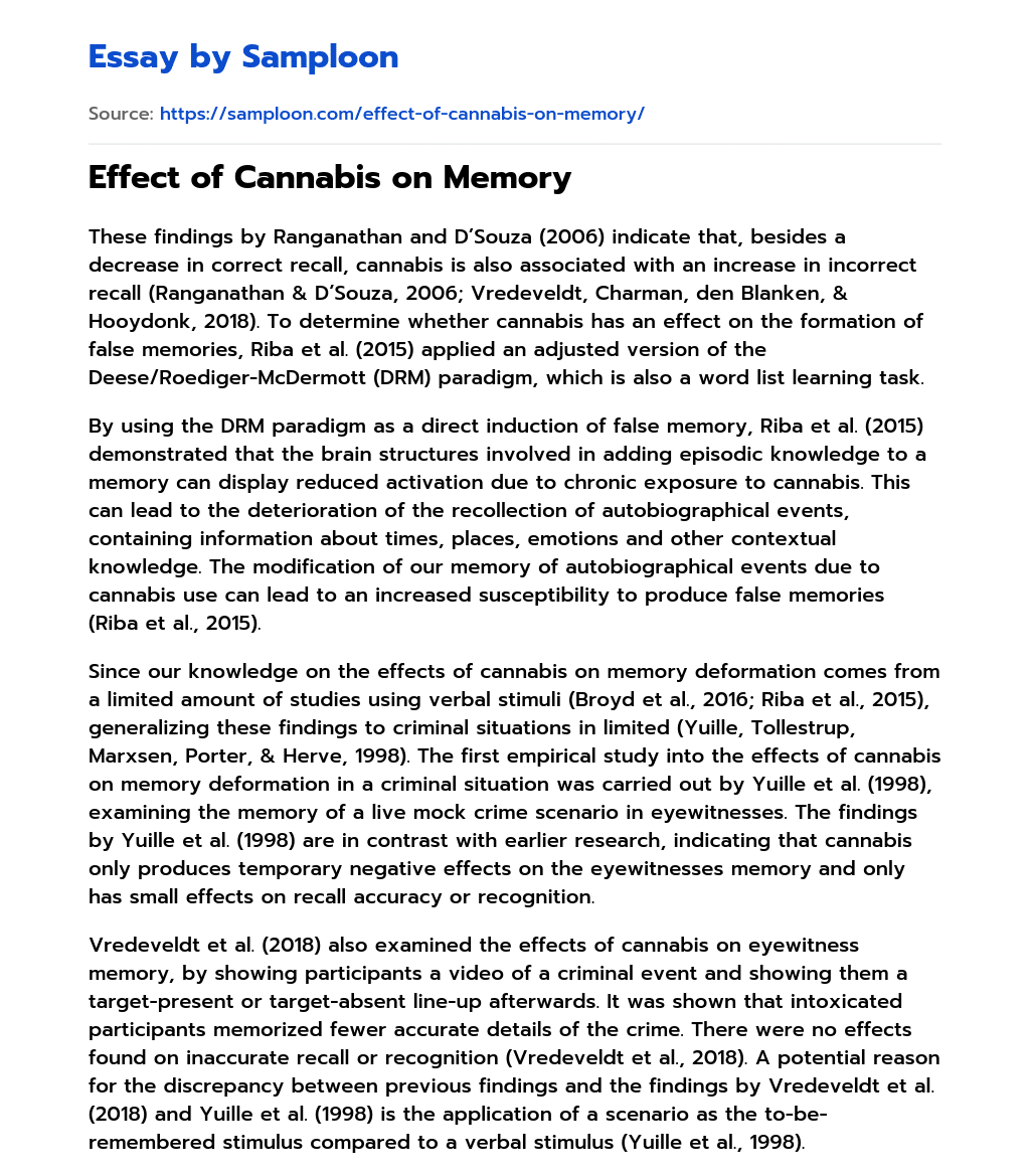 Effect of Cannabis on Memory essay