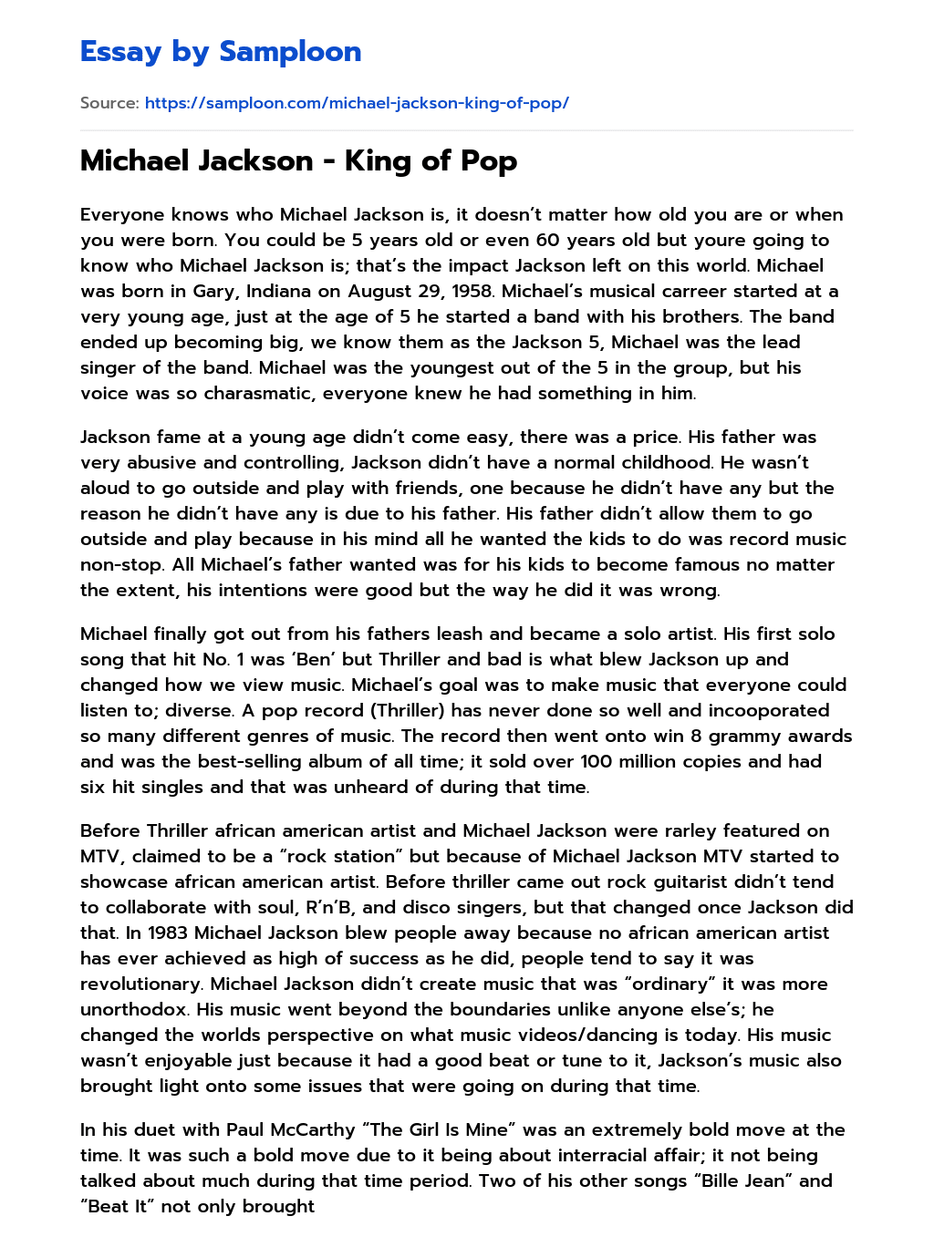 Michael Jackson – King of Pop essay
