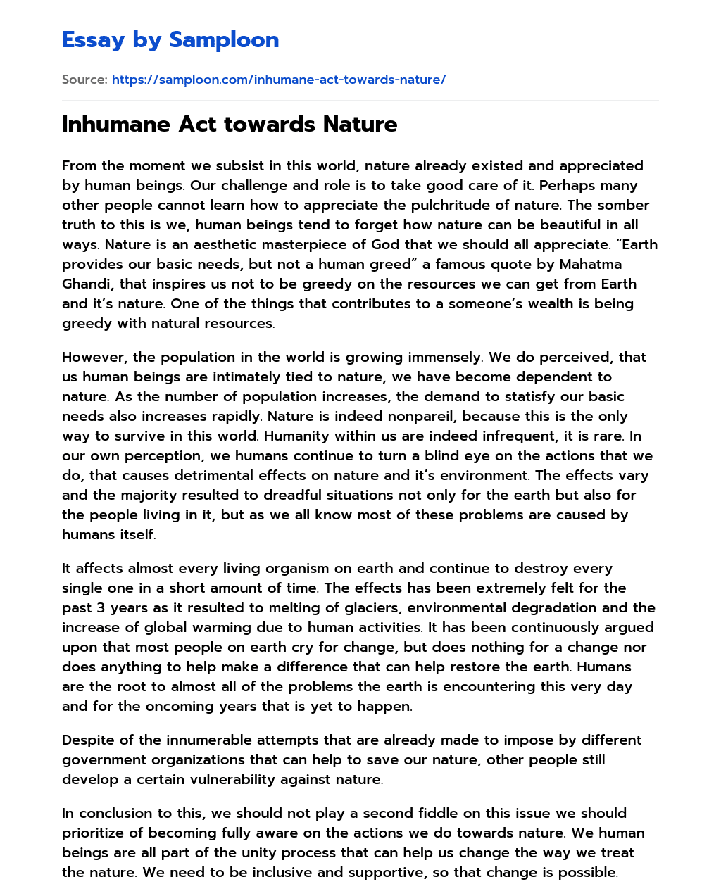 Inhumane Act towards Nature essay