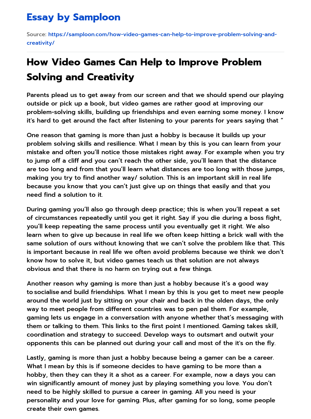 How Video Games Can Help to Improve Problem Solving and Creativity essay