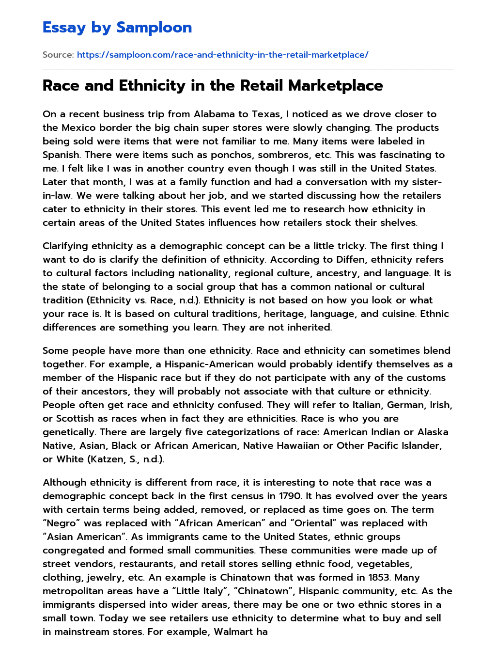 Race and Ethnicity in the Retail Marketplace essay