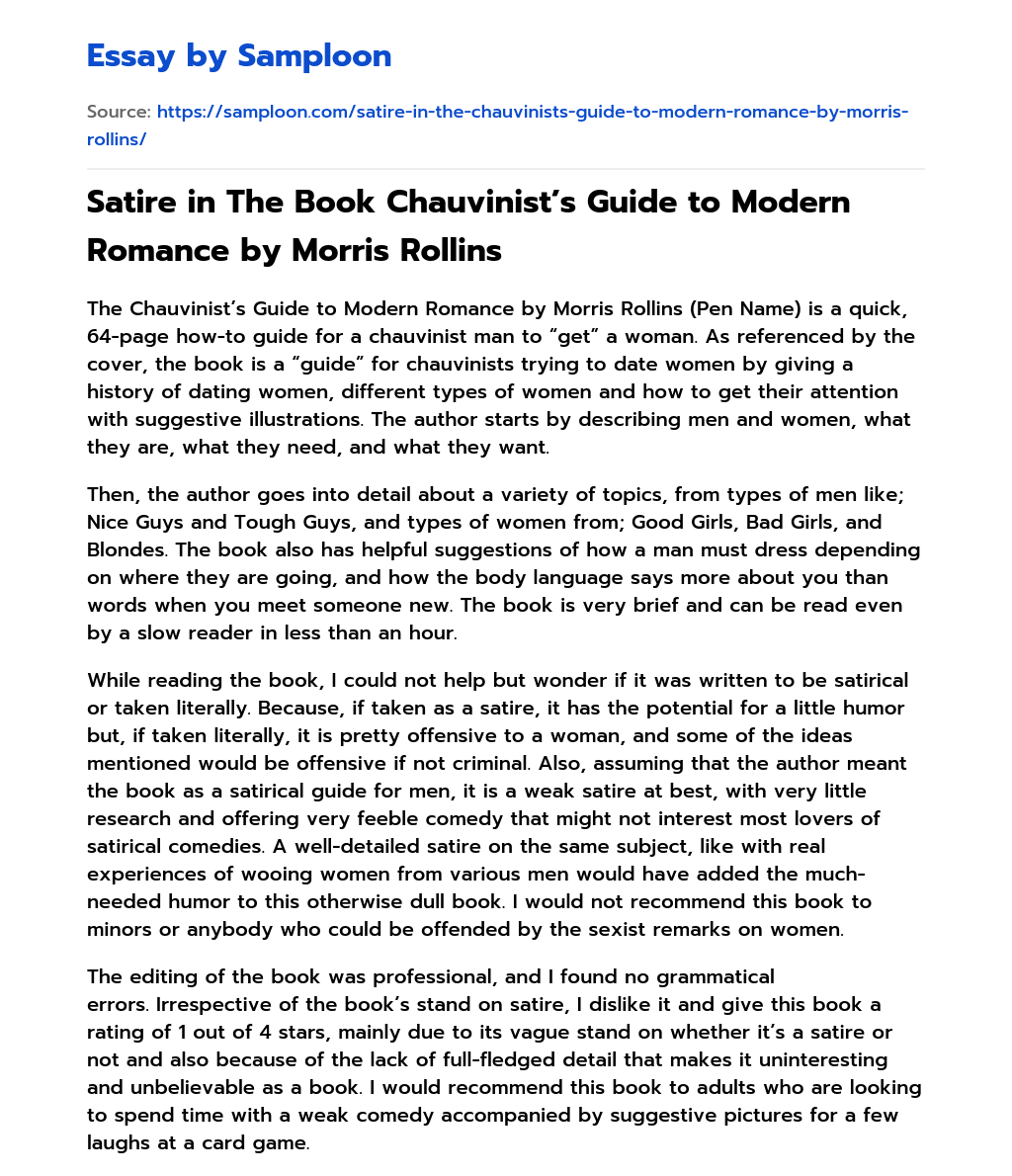 Satire in The Book Chauvinist’s Guide to Modern Romance by Morris Rollins essay