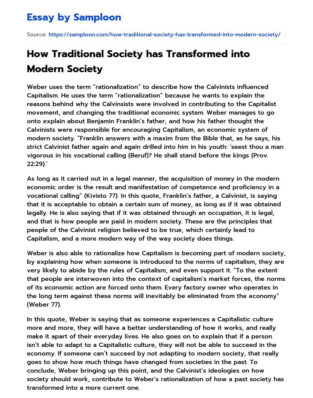 How Traditional Society has Transformed into Modern Society essay