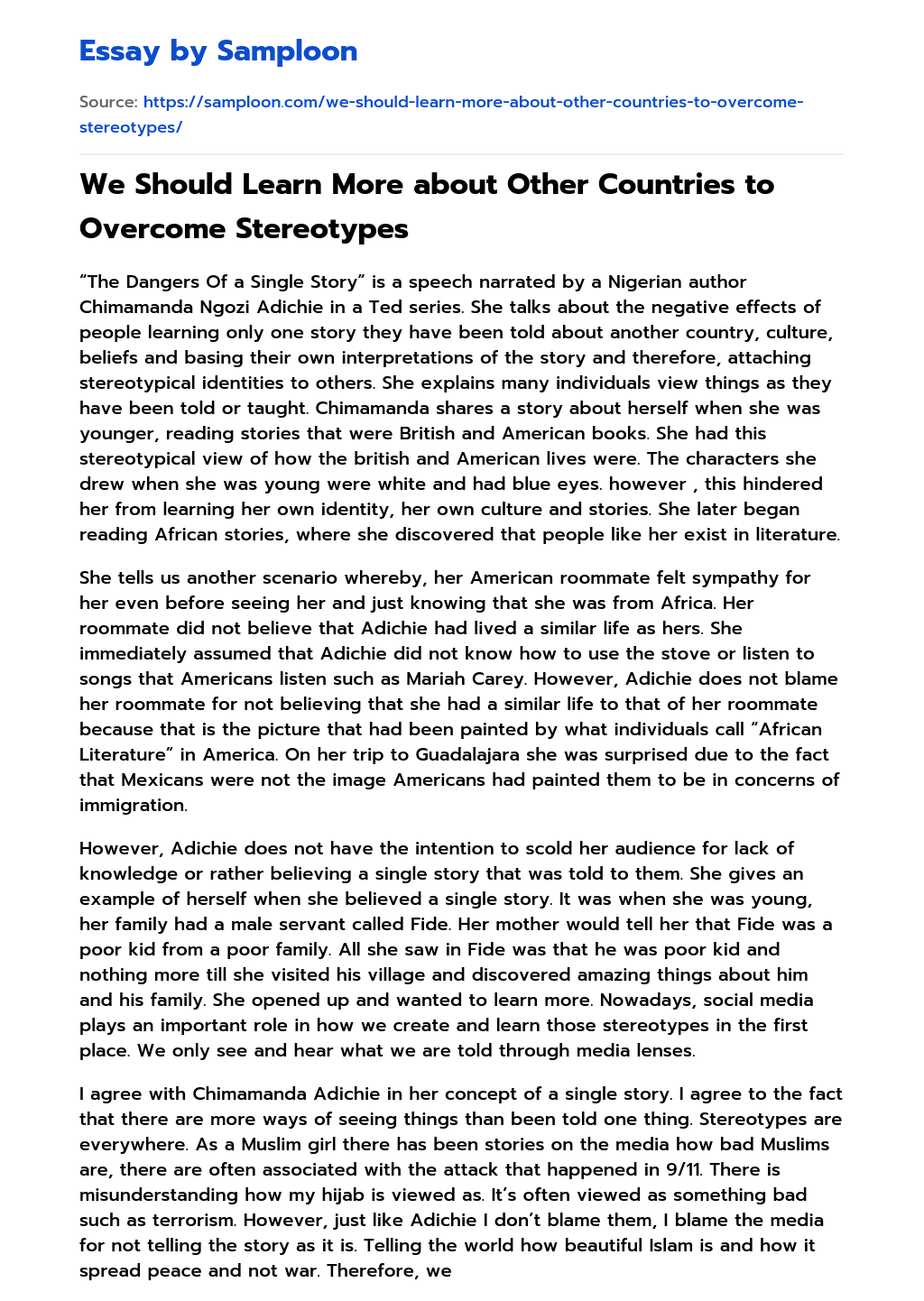 We Should Learn More about Other Countries to Overcome Stereotypes essay