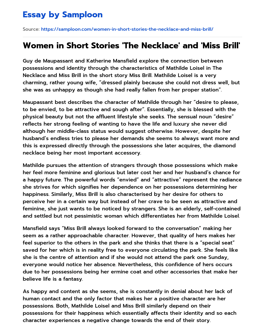 Women in Short Stories ‘The Necklace’ and ‘Miss Brill’ essay