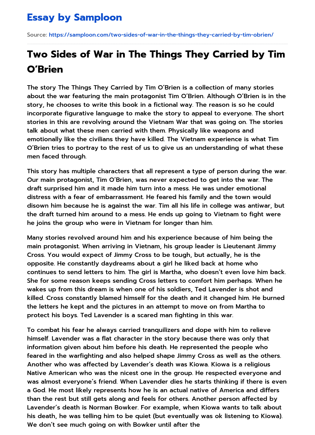 Two Sides of War in The Things They Carried by Tim O’Brien essay