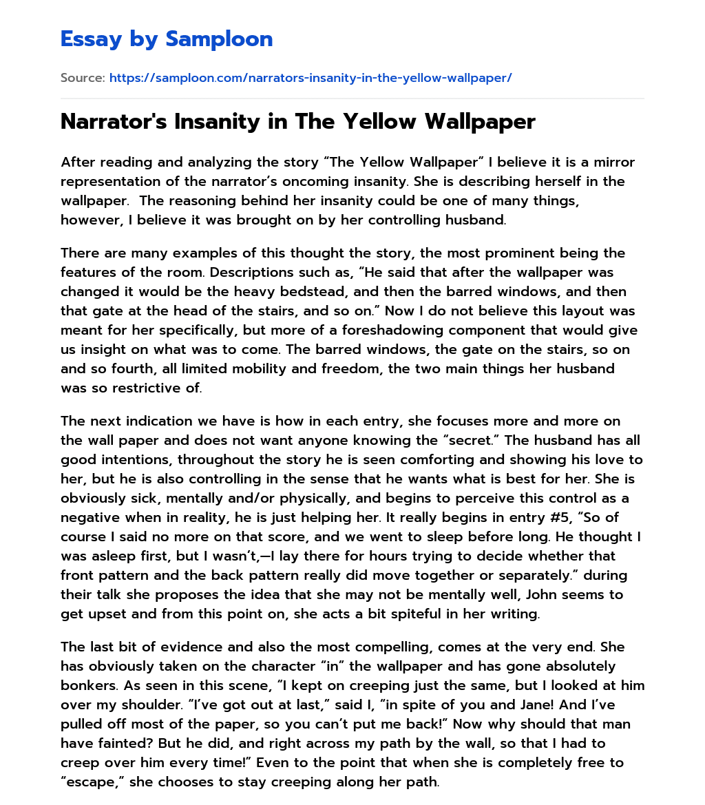Narrator’s Insanity in The Yellow Wallpaper essay