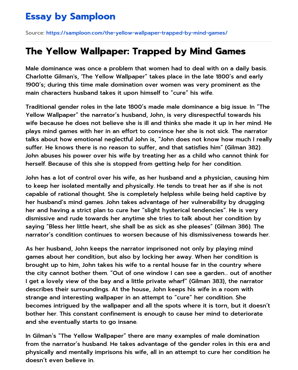 The Yellow Wallpaper: Trapped by Mind Games essay