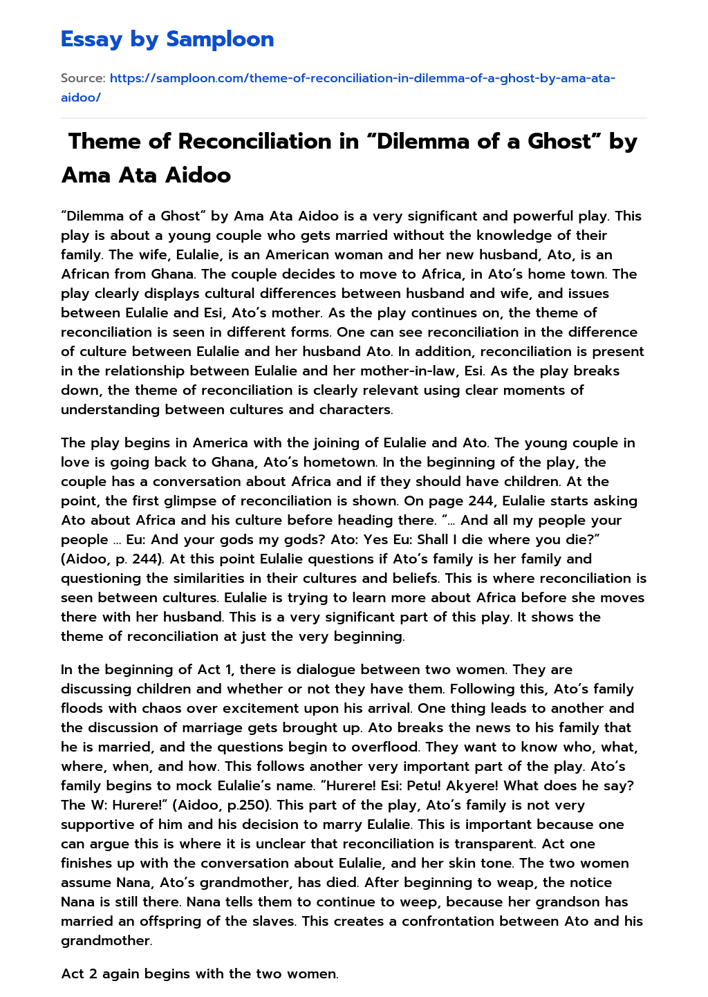 Theme of Reconciliation in “Dilemma of a Ghost” by Ama Ata Aidoo Analytical Essay essay