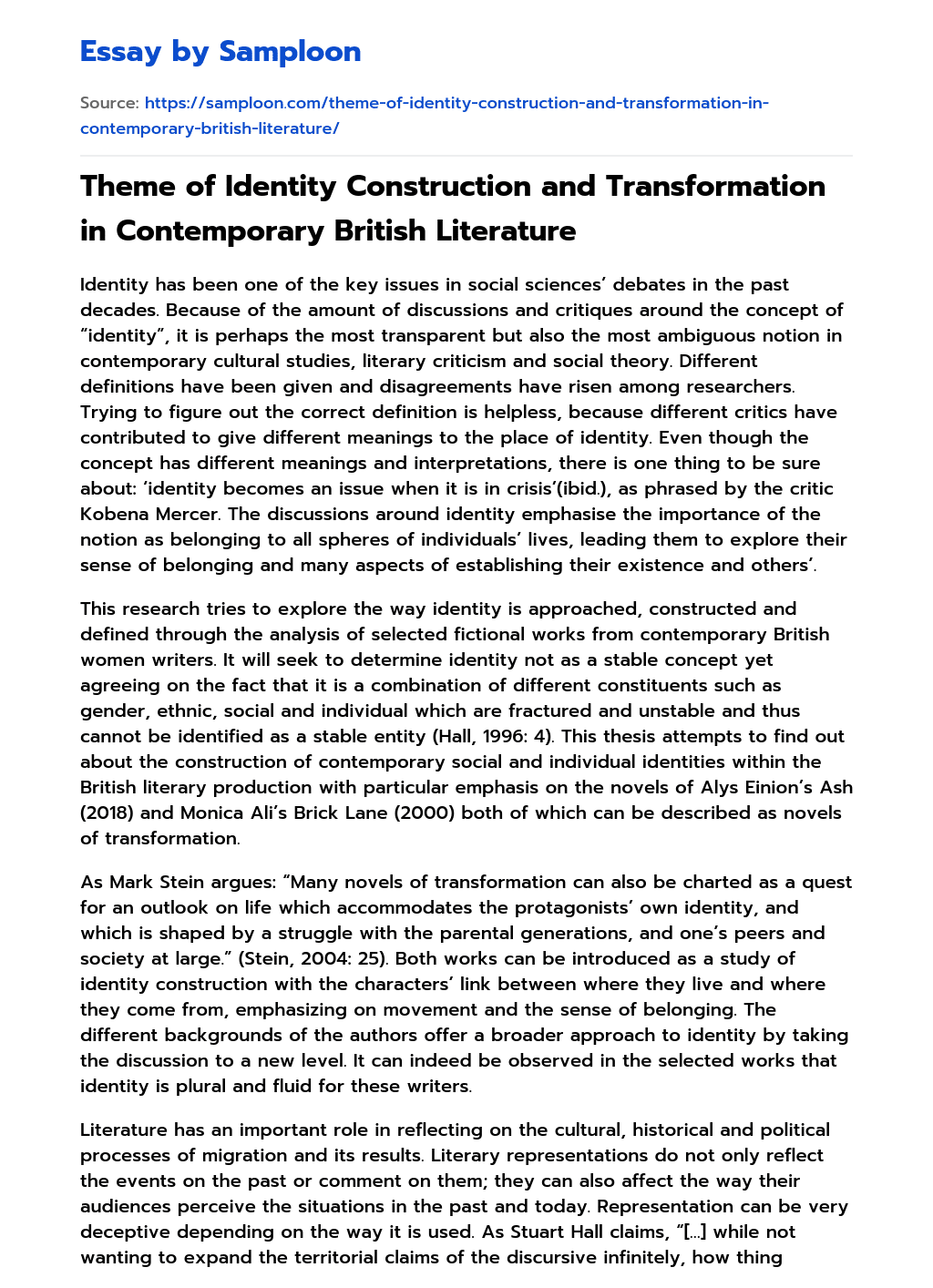 Theme of Identity Construction and Transformation in Contemporary British Literature Argumentative Essay essay