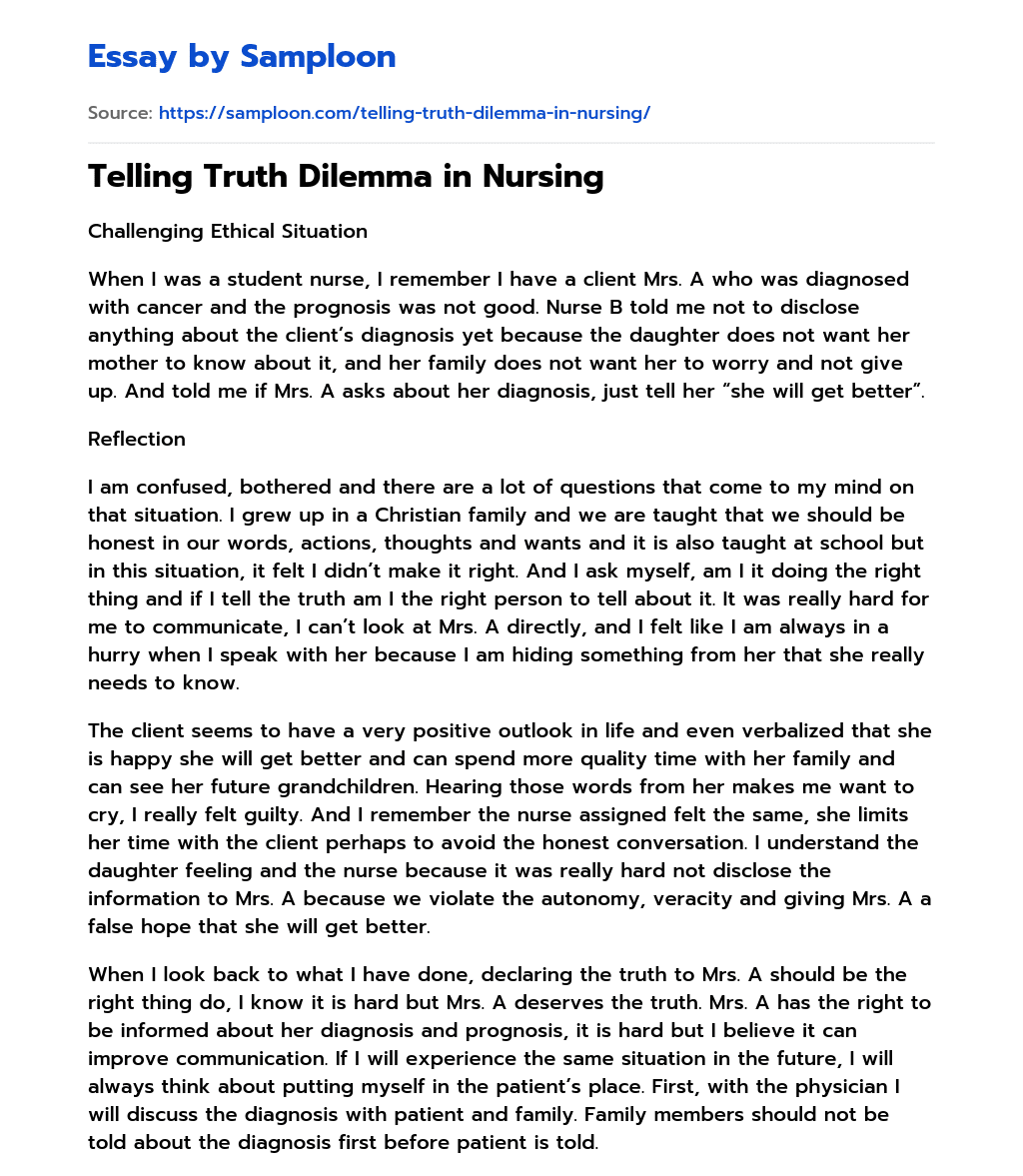 Telling Truth Dilemma in Nursing essay