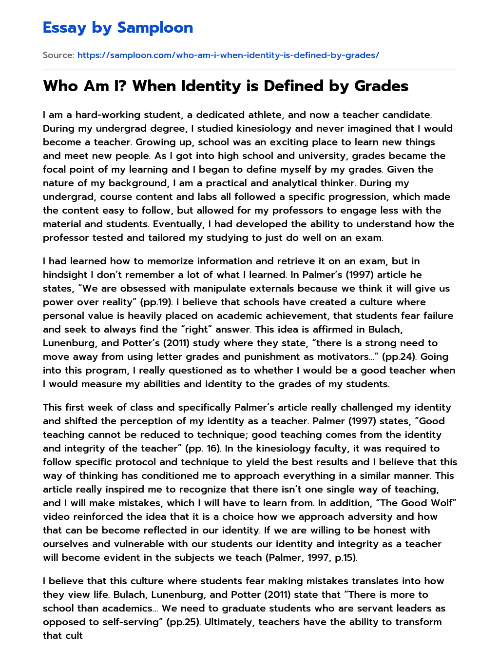Who Am I? When Identity is Defined by Grades essay