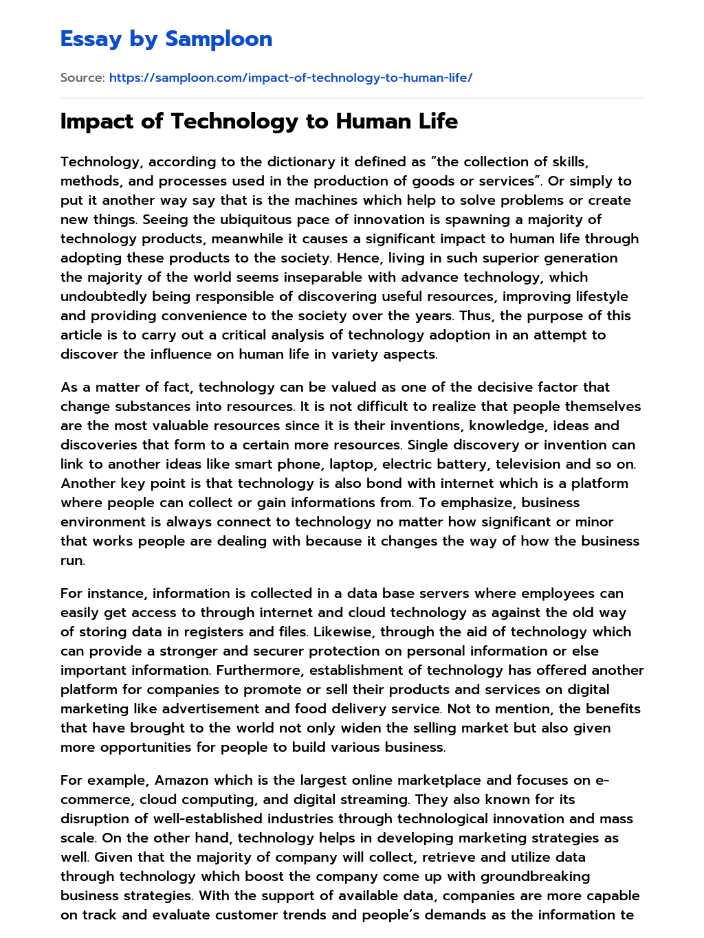 Impact of Technology to Human Life essay
