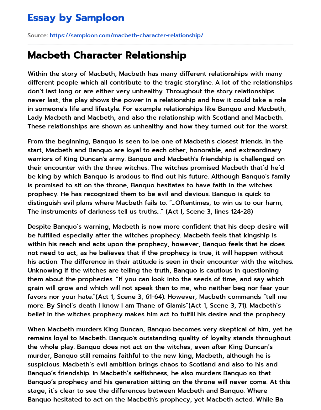 Macbeth Character Relationship essay