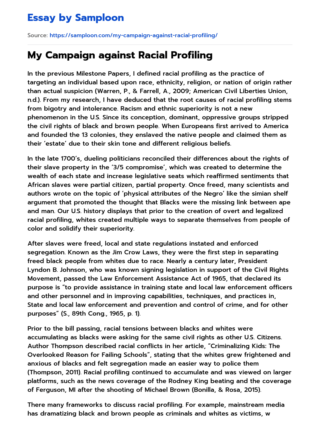 My Campaign against Racial Profiling essay