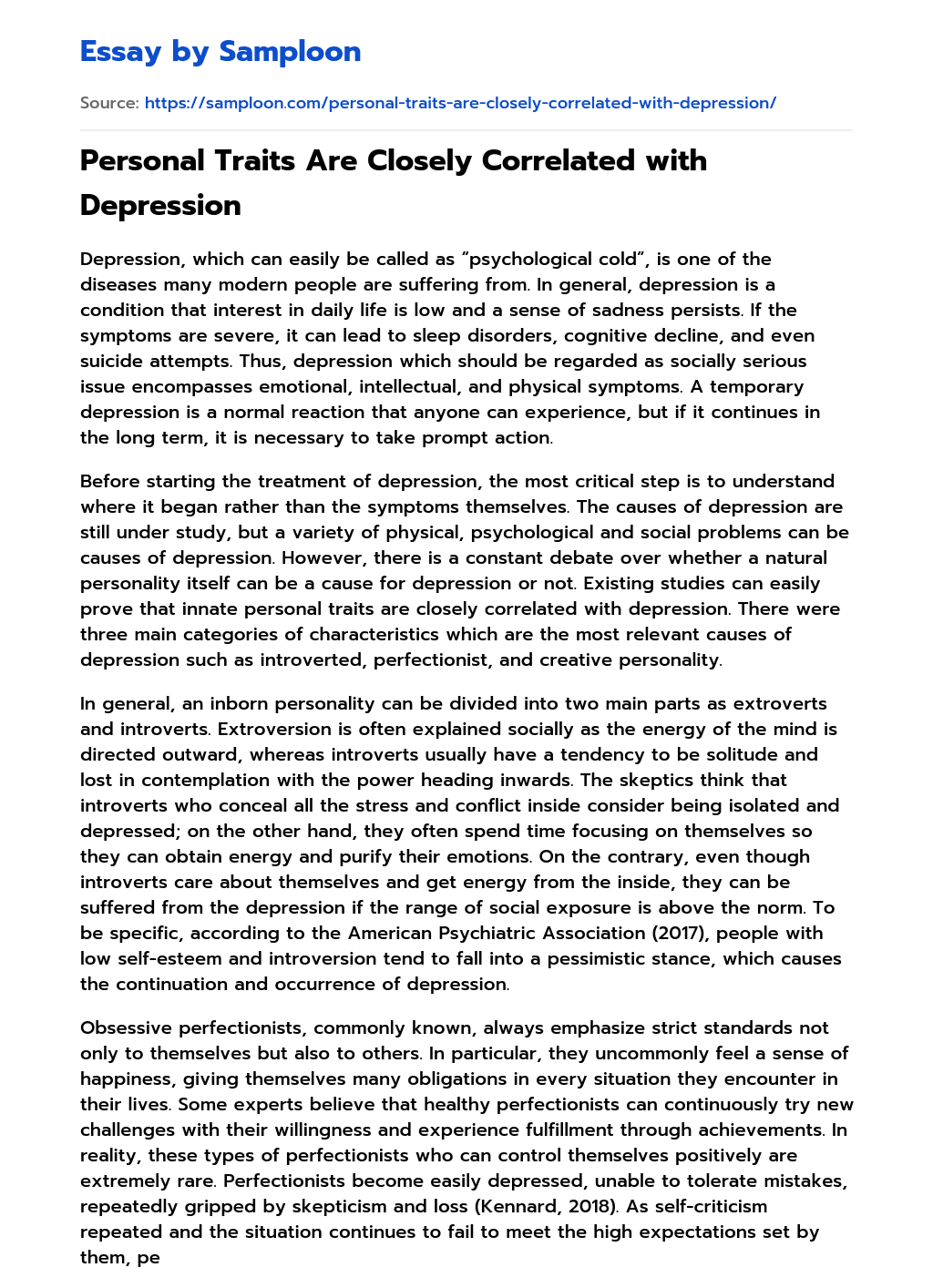 Personal Traits Are Closely Correlated with Depression essay