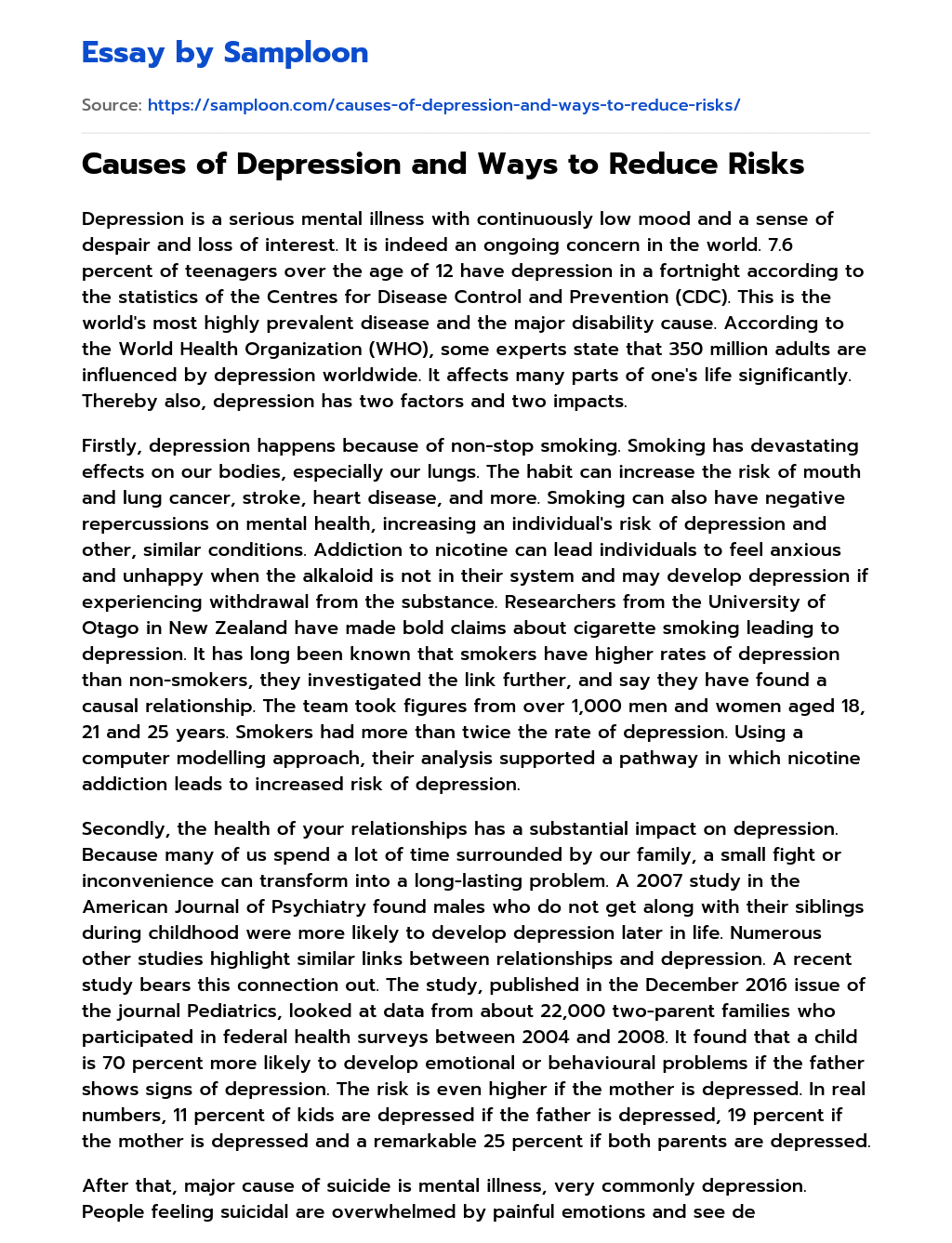 Causes of Depression and Ways to Reduce Risks essay