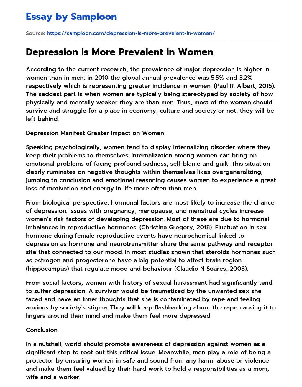 Depression Is More Prevalent in Women essay