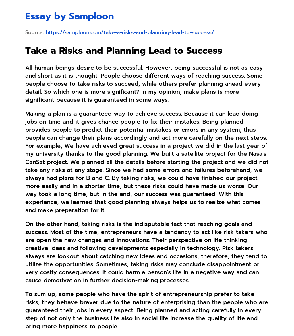 Take a Risks and Planning Lead to Success essay