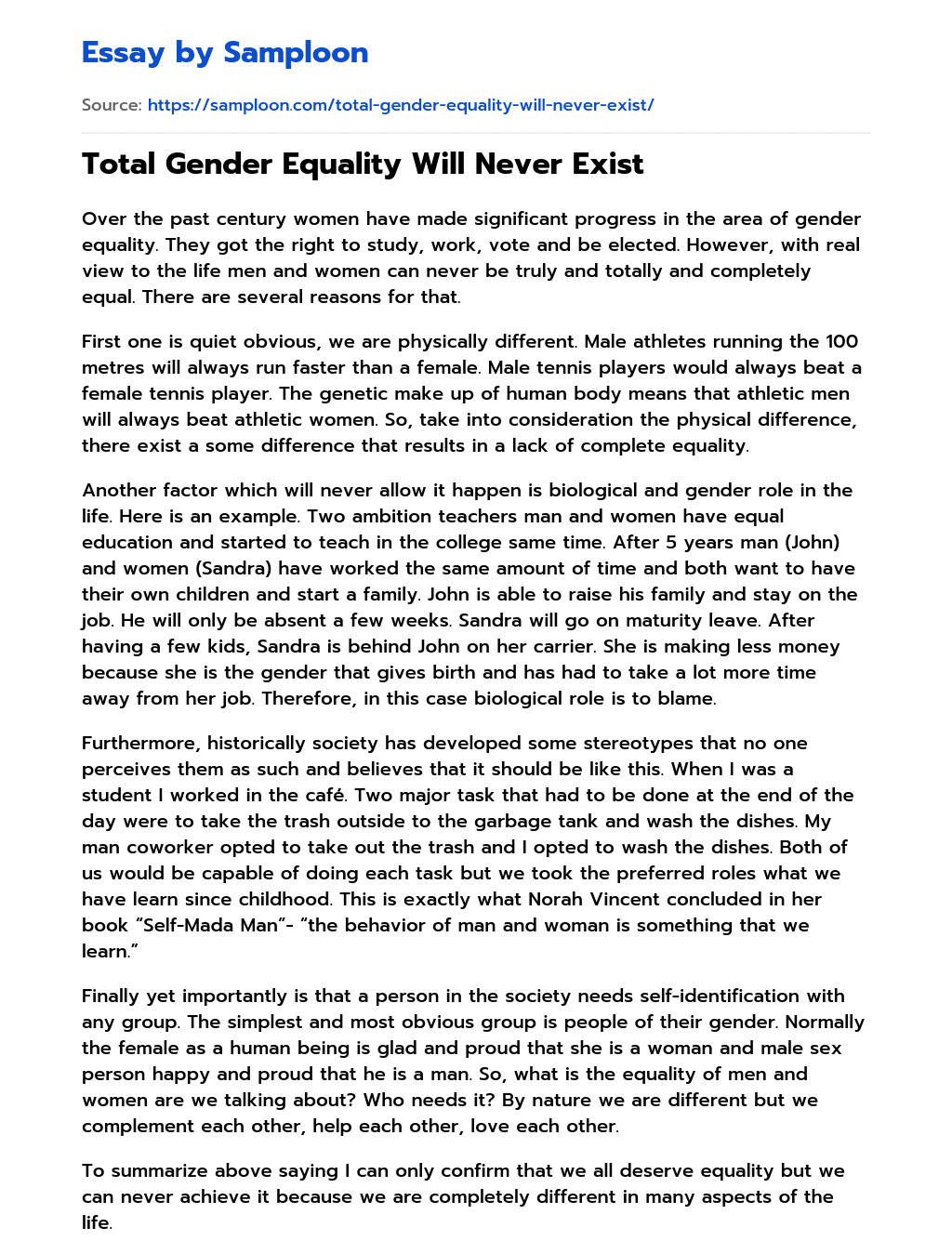 Total Gender Equality Will Never Exist essay