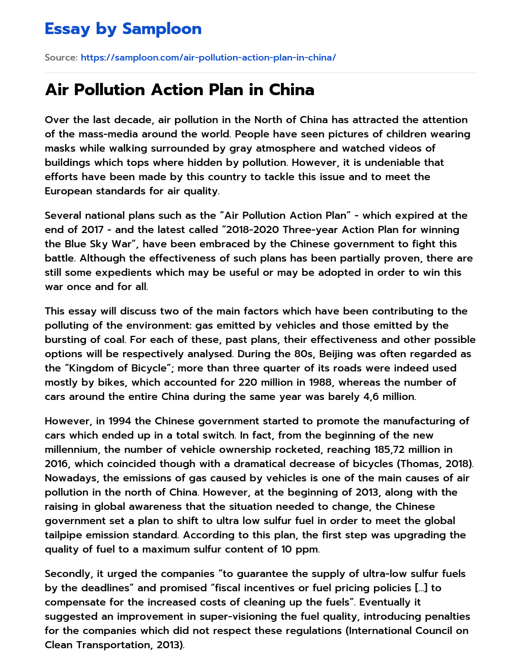 Air Pollution Action Plan in China essay