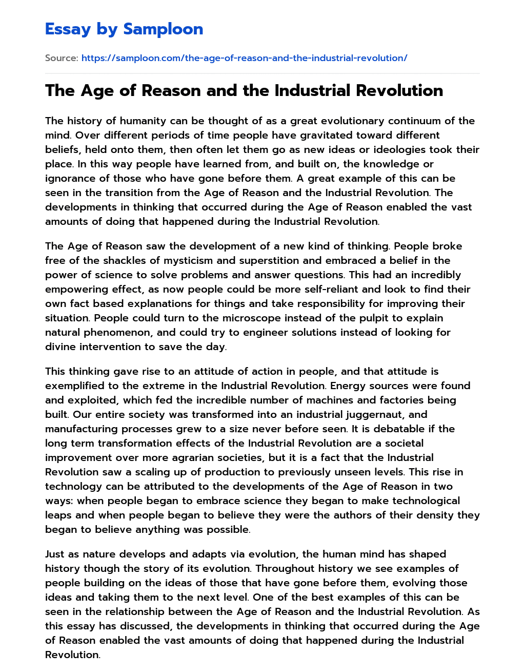 The Age of Reason and the Industrial Revolution essay