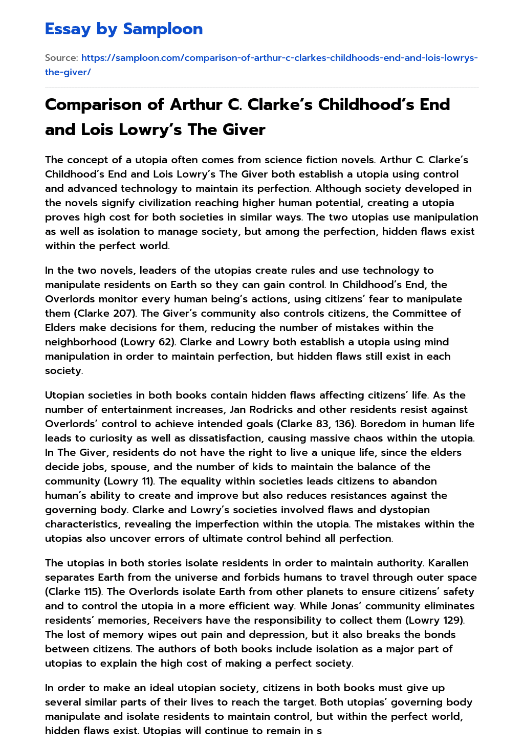 Comparison of Arthur C. Clarke’s Childhood’s End and Lois Lowry’s The Giver essay