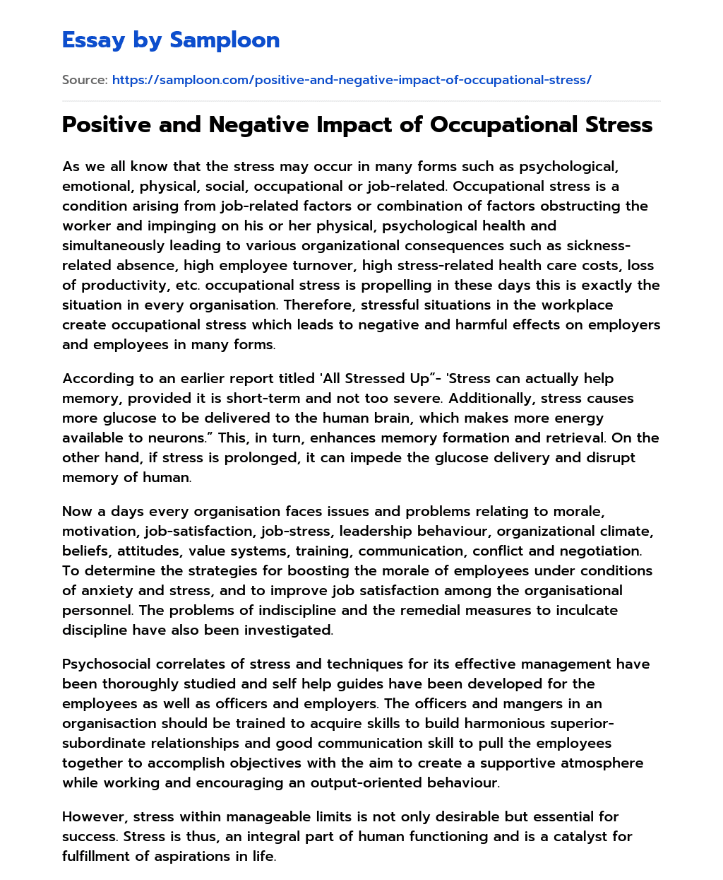 Positive and Negative Impact of Occupational Stress essay