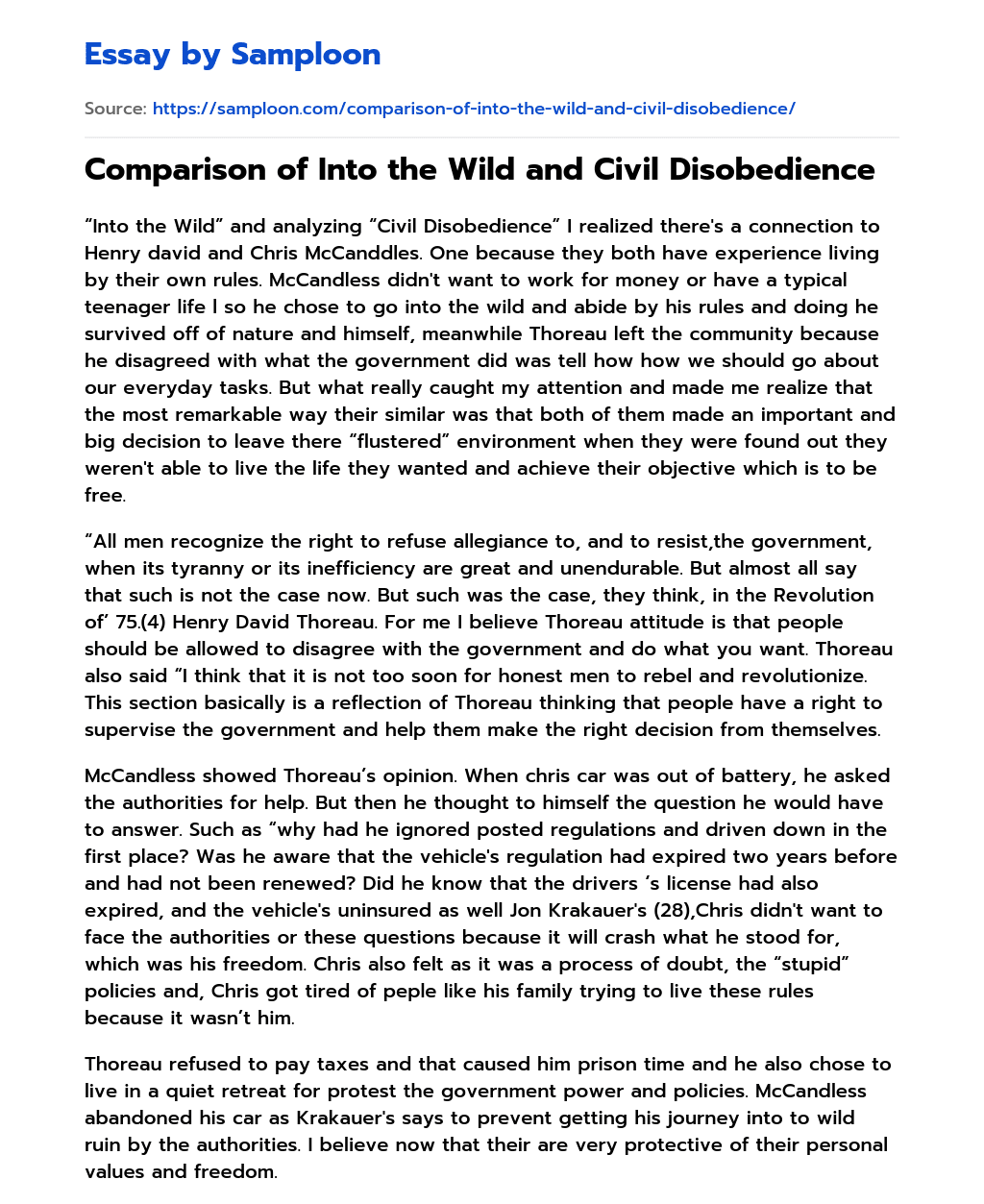 Comparison of Into the Wild and Civil Disobedience Summary essay