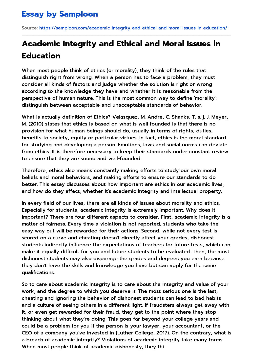 Academic Integrity and Ethical and Moral Issues in Education essay