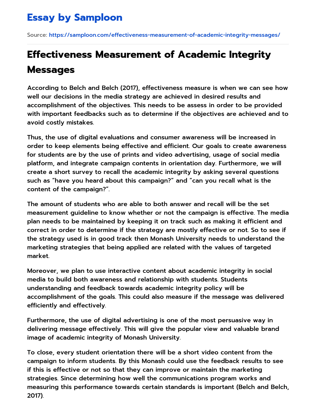 Effectiveness Measurement of Academic Integrity Messages essay