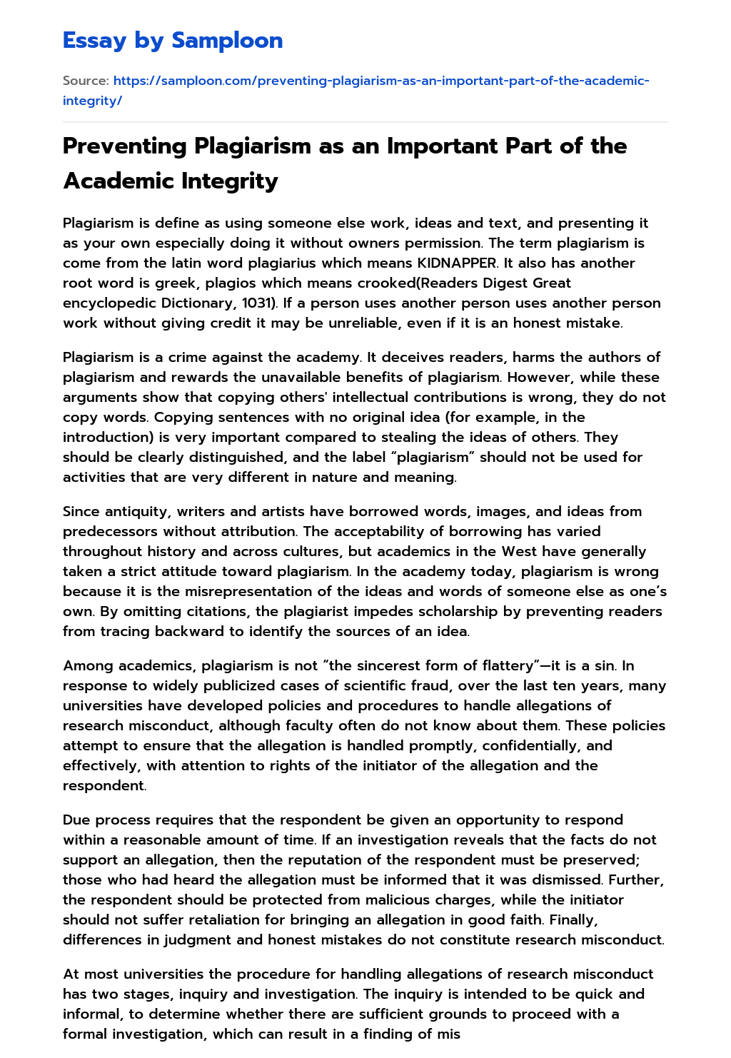 Preventing Plagiarism as an Important Part of the Academic Integrity essay