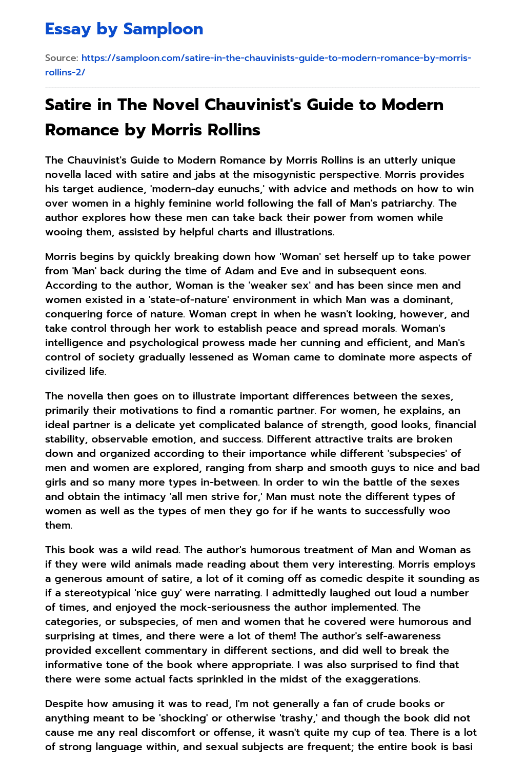 Satire in The Novel Chauvinist’s Guide to Modern Romance by Morris Rollins essay