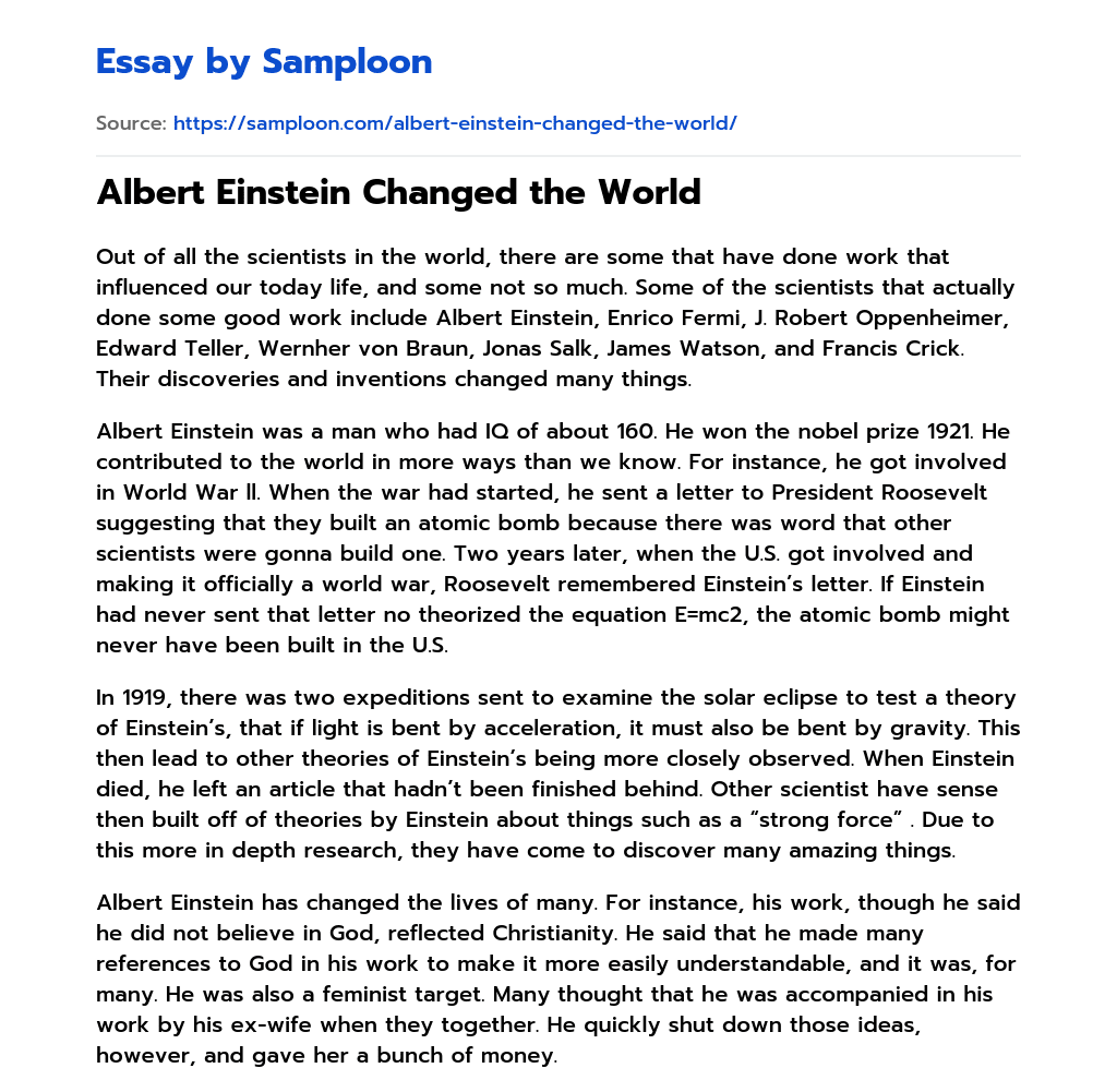  Albert Einstein Changed The World Free Essay Sample On Samploon