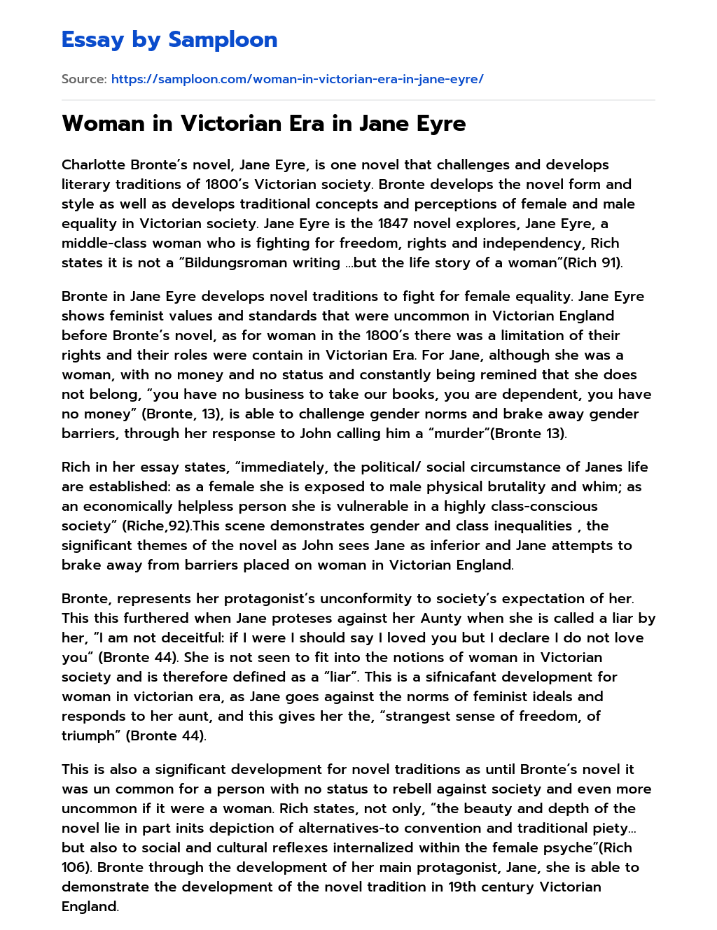 Woman in Victorian Era in Jane Eyre essay