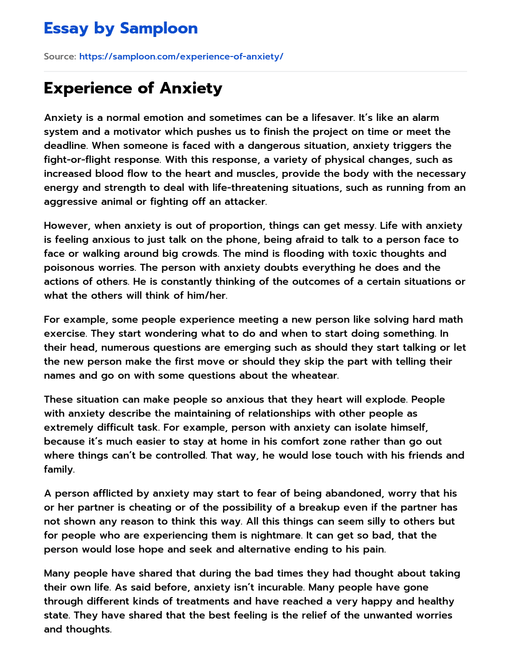 Experience of Anxiety essay