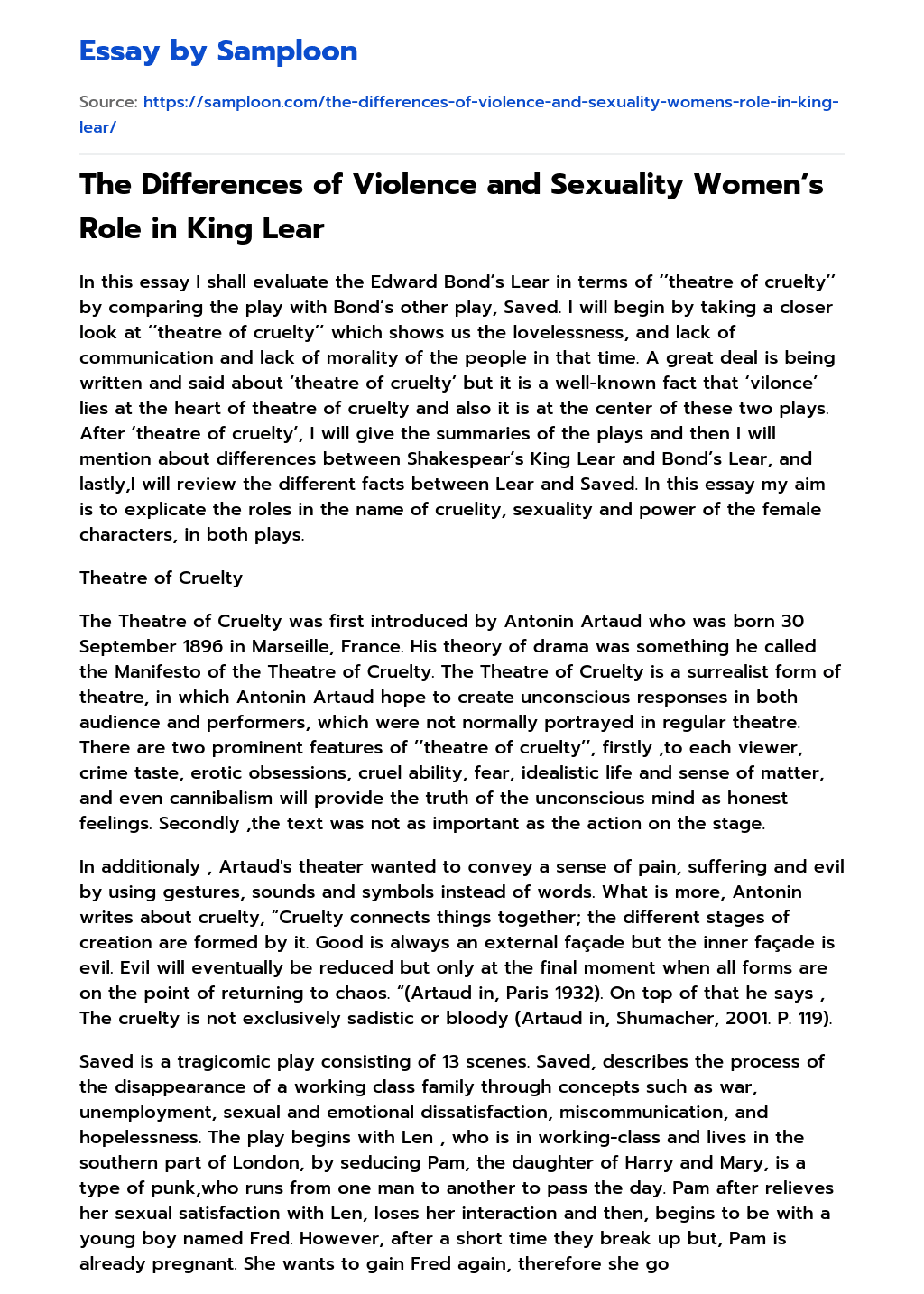 The Differences of Violence and Sexuality Women’s Role in King Lear essay