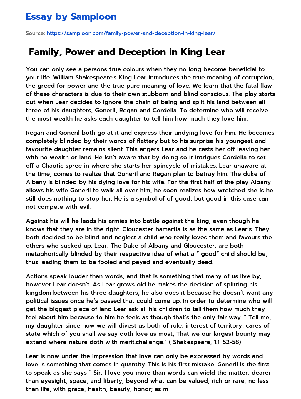  Family, Power and Deception in King Lear essay